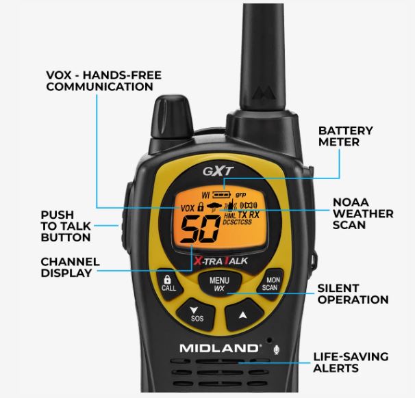 Midland GXT1030VP4 GMRS walkie talkie controls and features