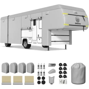 Travel Trailer 5th Wheel RV Cover 37-41ft, 8 Layers Breathable Waterproof Rip-Stop Camper Cover with Adhesive Repair Patches, Gu